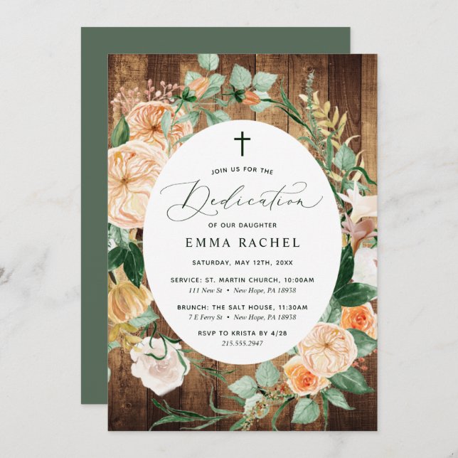 Botanical Boho Personalized Rustic Wood Dedication Invitation (Front/Back)