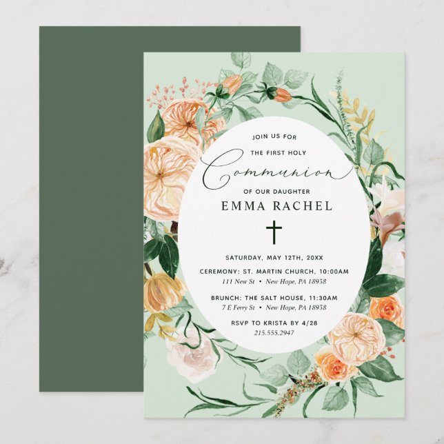 Botanical Boho Personalized Sage Green Communion Invitation (Front/Back)