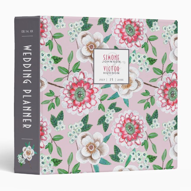 Botanical Boho pink grey floral Wedding Planner Binder (Front/Spine)