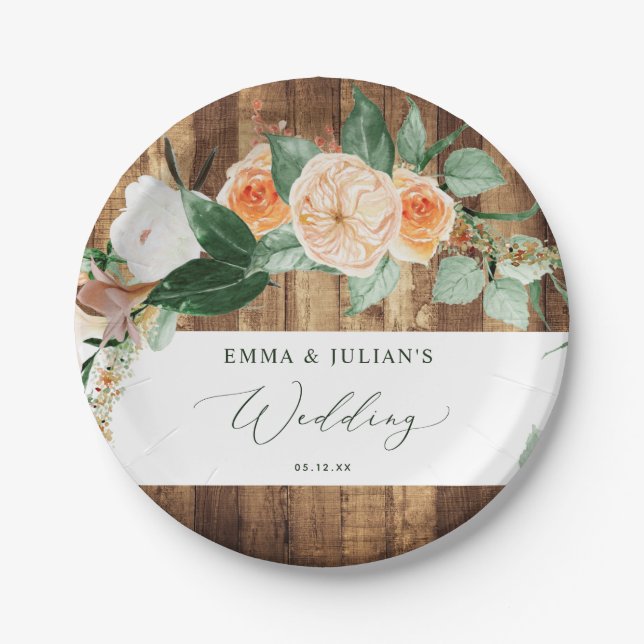 Botanical Boho Rustic Barn Personalized Wedding Paper Plate (Front)