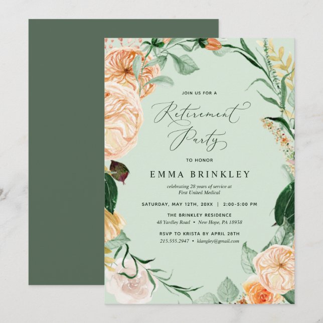 Botanical Boho Sage Green Neutral Retirement Party Invitation (Front/Back)