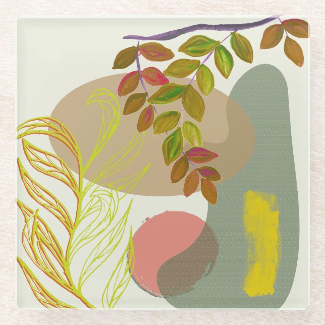 Botanical Boho Yellow Green Glass Coaster (Front)