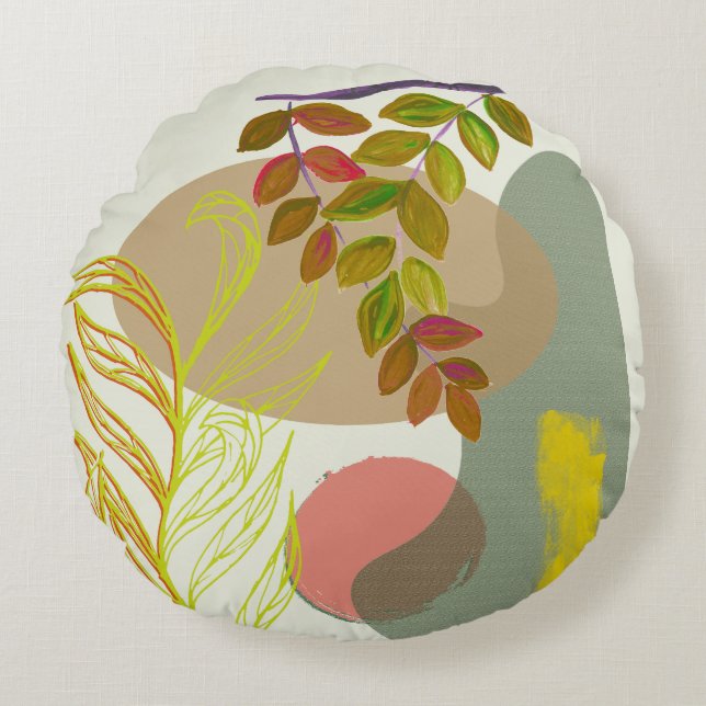 Botanical Boho Yellow Green Round Pillow (Front)