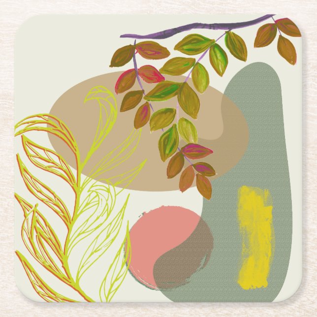 Botanical Boho Yellow Green Square Paper Coaster (Front)