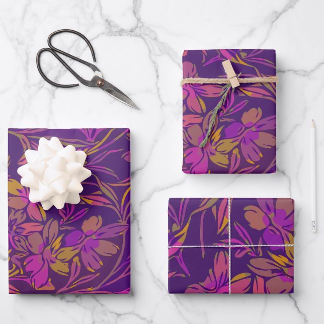 Botanical Bold Floral Pattern in Dark Purple  Wrapping Paper Sheet (Front)
