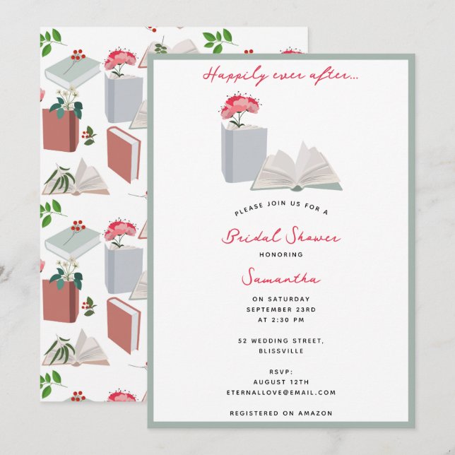 Botanical Books & Library Reading Bridal Shower Invitation (Front/Back)