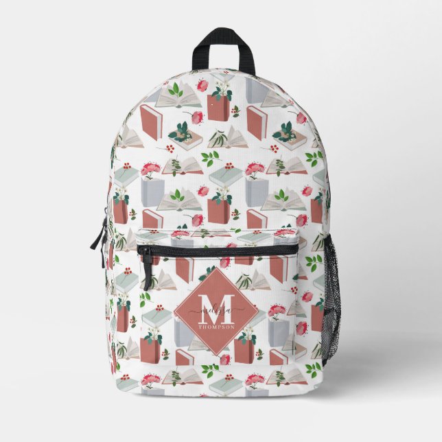 Botanical Books & Library Reading Monogram Printed Backpack (Front)