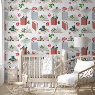 Botanical Books & Library Reading Pattern Wallpaper