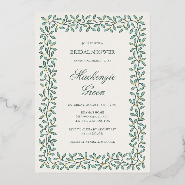 Botanical border foil bridal shower Invitation (Front)