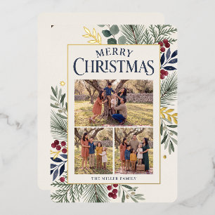Botanical Border Three Photo Merry Christmas Foil Holiday Card