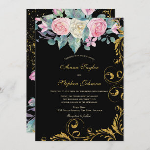 Botanical Bouquet with Faux Gold Glitter Swirls Invitation