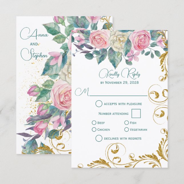 Botanical Bouquet with Faux Gold Swirl RSVP Card (Front/Back)