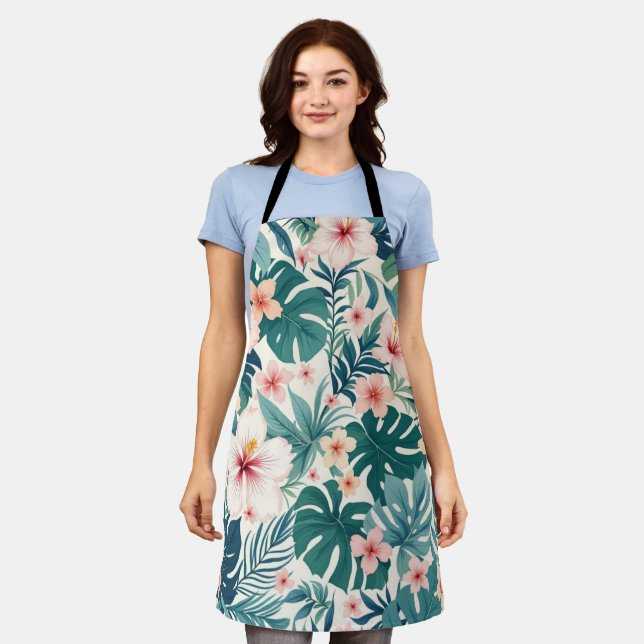 Botanical Breeze – All-Over Tropical Floral Apron (Worn)