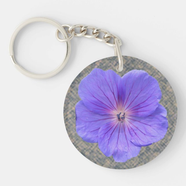 Botanical Bright Blue Geranium Flower Keychain (Front)