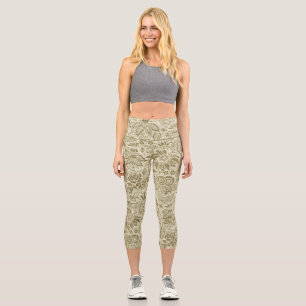 Botanical Brocade Toile Floral Green Sage Pattern Capri Leggings
