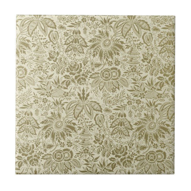 Botanical Brocade Toile Floral Green Sage Pattern Tile (Front)