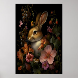Botanical Bunny Dark Gothic Cottagecore, Dark Poster