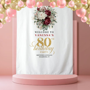 Botanical Burgundy 80th Birthday Backdrop Tapestry