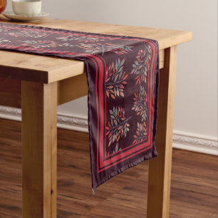 Botanical Burgundy Berries & Leaves Red Stripes Short Table Runner