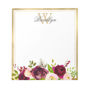 Botanical Burgundy Blush Pink Floral Monogram Note