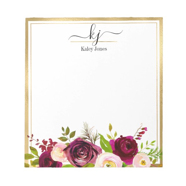 Botanical Burgundy Blush Pink Floral Monogram Note (Front)