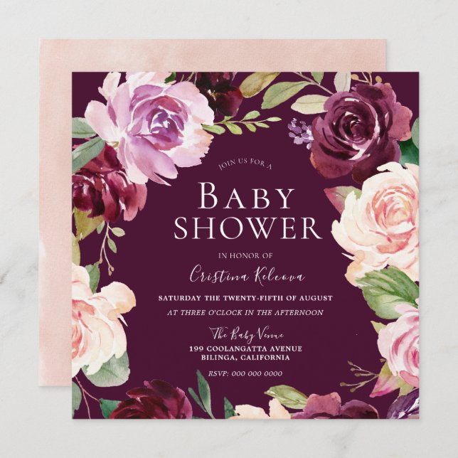 Botanical Burgundy Blush Watercolor Baby Shower Invitation (Front/Back)