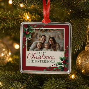 Botanical Burgundy Custom Photo Christmas Ornament