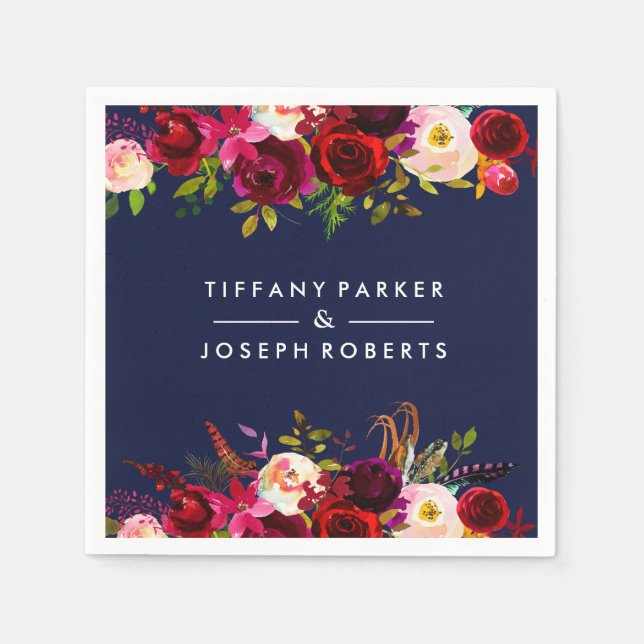 Botanical Burgundy Navy Blue Garden Floral Wedding Napkin (Front)