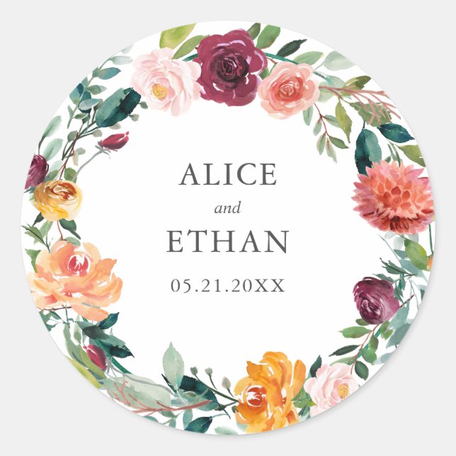 Botanical Burgundy Organge Wreath Wedding Classic Round Sticker (Front)