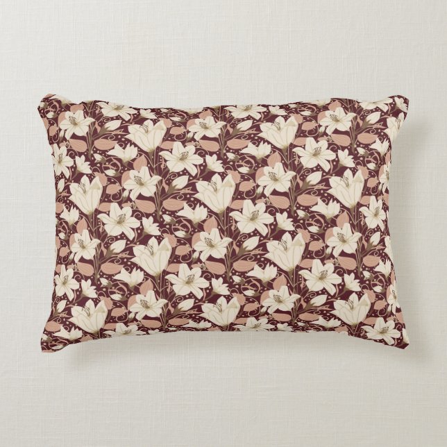 Botanical Burgundy Red Beige Lily Floral Pattern   Accent Pillow (Front)