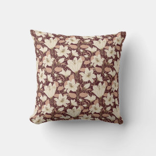 Botanical Burgundy Red Beige Lily Floral Pattern   Throw Pillow