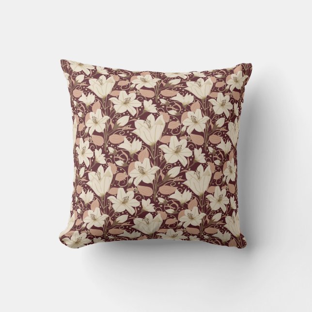 Botanical Burgundy Red Beige Lily Floral Pattern   Throw Pillow (Front)