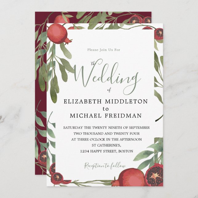 Botanical Burgundy Wedding  Pomegranates  Leaves Invitation (Front/Back)