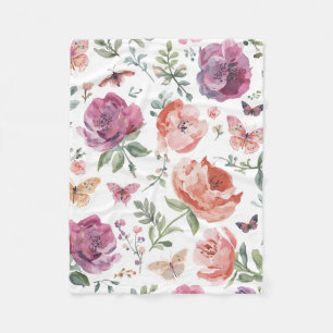 Botanical Butterfly Garden Watercolor Floral Fleece Blanket