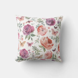 Botanical Butterfly Garden Watercolor Floral Throw Pillow