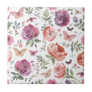 Botanical Butterfly Garden Watercolor Floral Tile