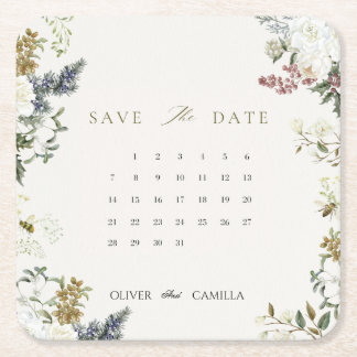 Botanical Calendar Save the Date Card Template Square Paper Coaster