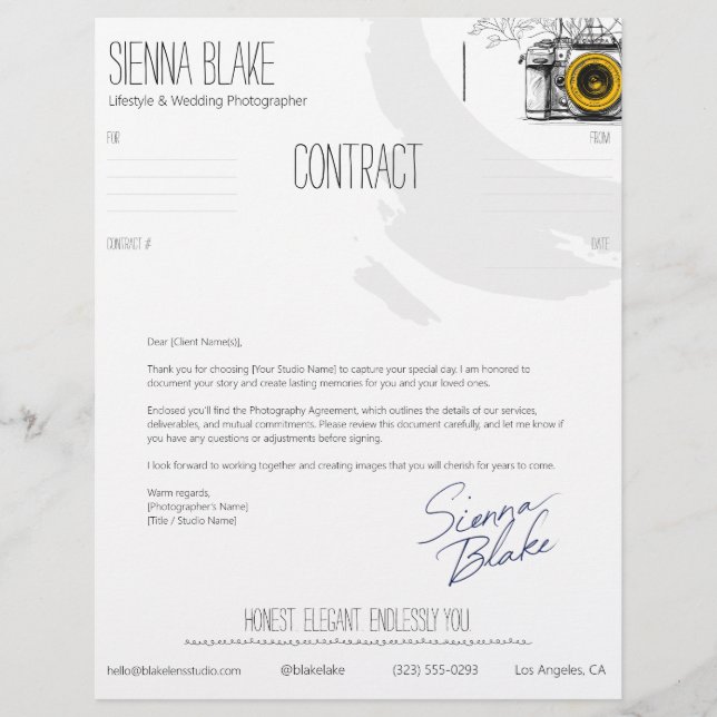 Botanical Camera Photographer Contract Cover Sheet (Front)