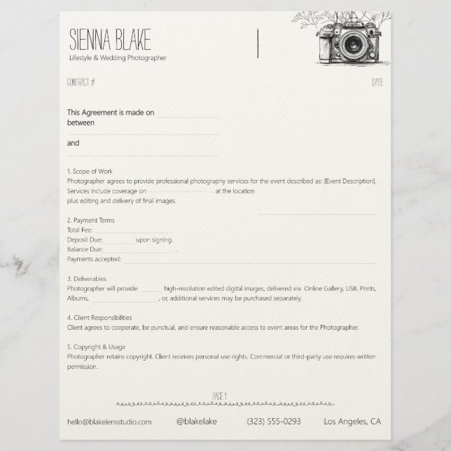 Botanical Camera Photographer Contract – Page 1  (Front)