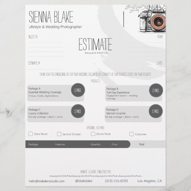 Botanical Camera Photographer Estimate Template Letterhead (Front)