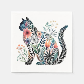 Botanical Cat Silhouette – Floral Nature Art Napkin