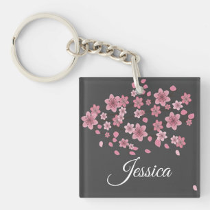 Botanical Cherry Blossom Falling Petals Ombré Art Keychain