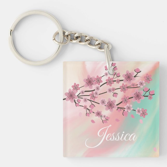 Botanical Cherry Blossom Falling Petals Ombré Art Keychain (Front)