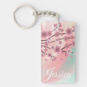 Botanical Cherry Blossom Falling Petals Ombré Art Keychain
