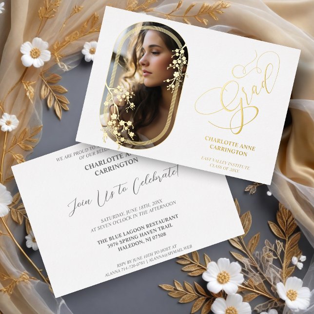 Botanical Cherry Blossom Flowers Oval Frame Photo  (Botanical Cherry Blossom Flowers Oval Frame Photo Graduate Gold Metallic Foil Invitation Card. )