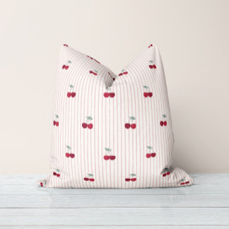 Botanical Cherry Stripe Picnic Party Throw Pillow