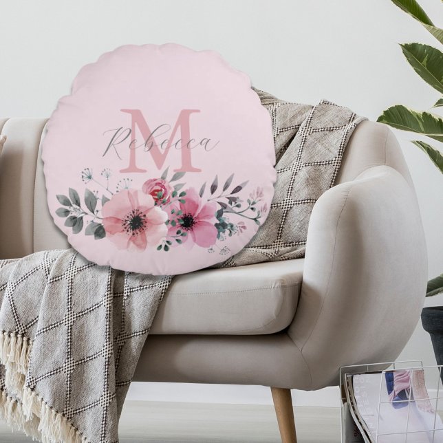 Botanical chic blush pink watercolor floral  round pillow (Botanical chic blush pink watercolor floral round pillow)