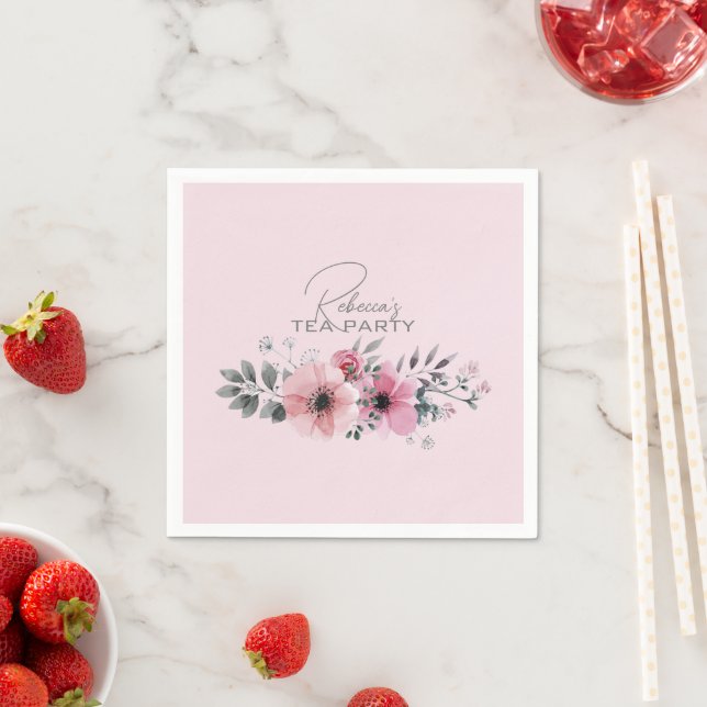 Botanical chic floral elegant grey pink flower napkin (Insitu)