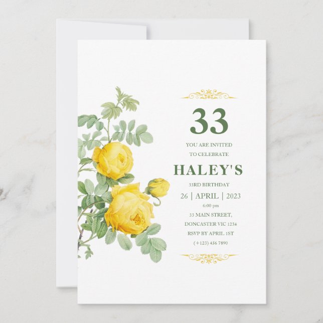 Botanical Chic Yellow & Green Floral 33rd Birthday Invitation (Front)