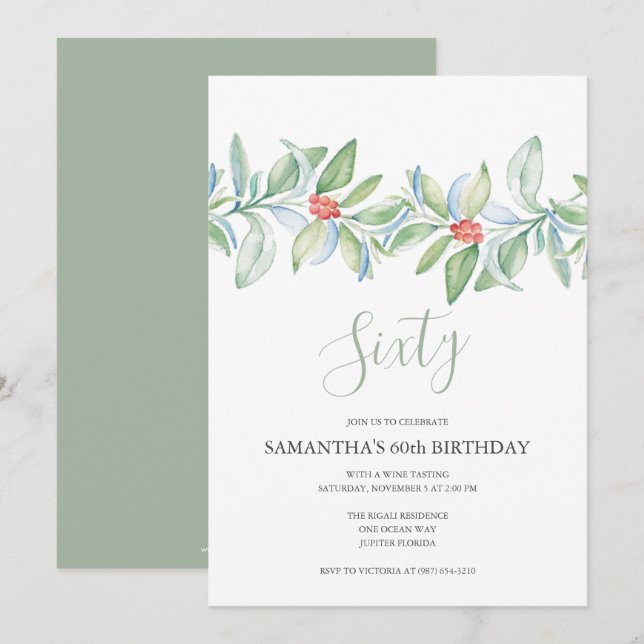 Botanical Christmas 60th Birthday  Invitation (Front/Back)